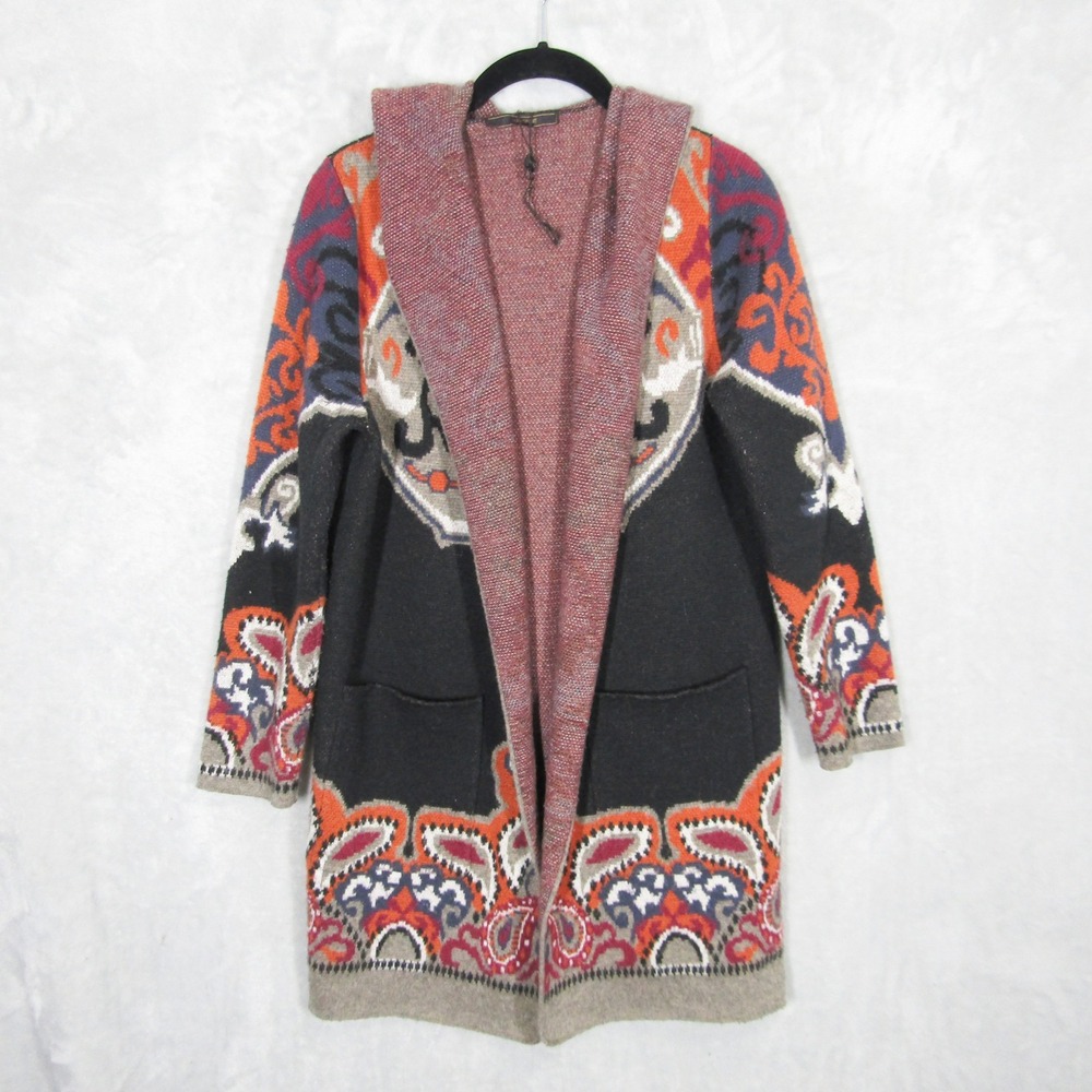 Maxsport Womens Medium Hooded Open Front Cardigan Paisley Intarsia Knit Sweater